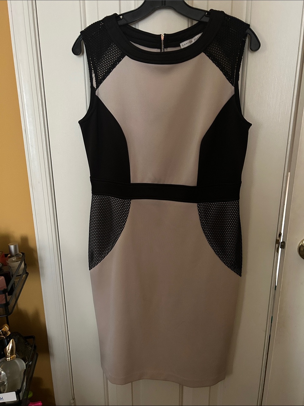 Sandra Darren Beige and Black Mesh-Paneled Midi Sheath Dress